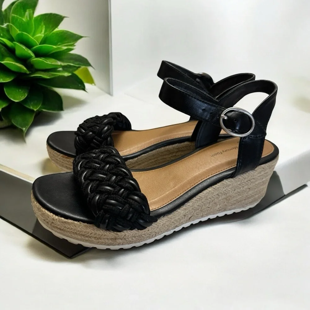 Time and Tru Platform Wedge Sandals Womens 7.5 Black Braided Espadrille Summer